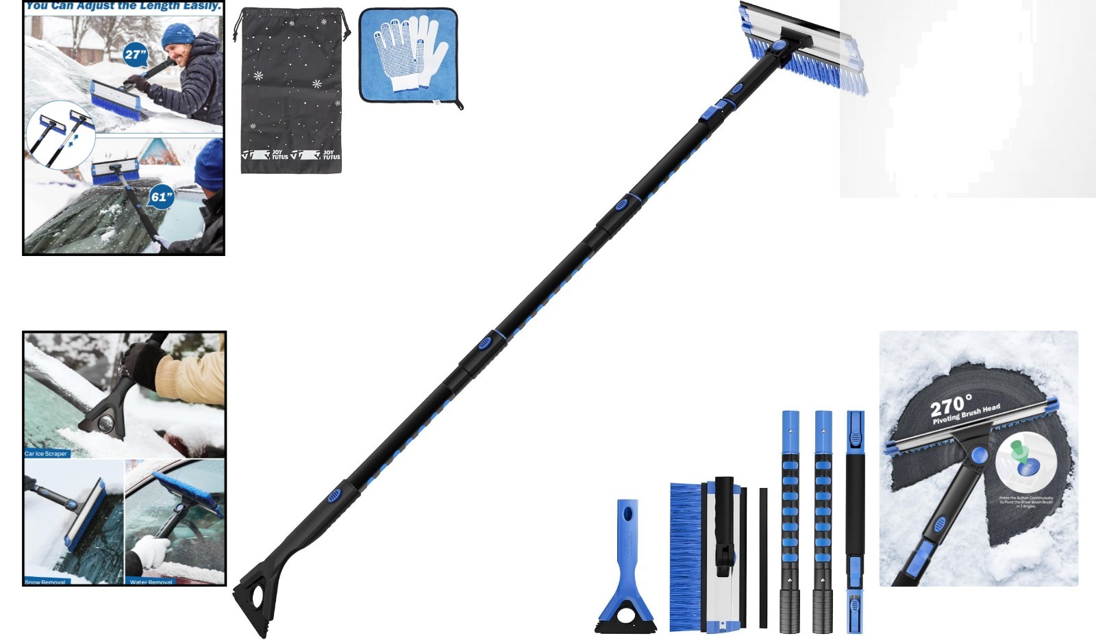 Multifunctional Car Snow Brush & Ice Scraper - 61.3″ Extendable with Helpers