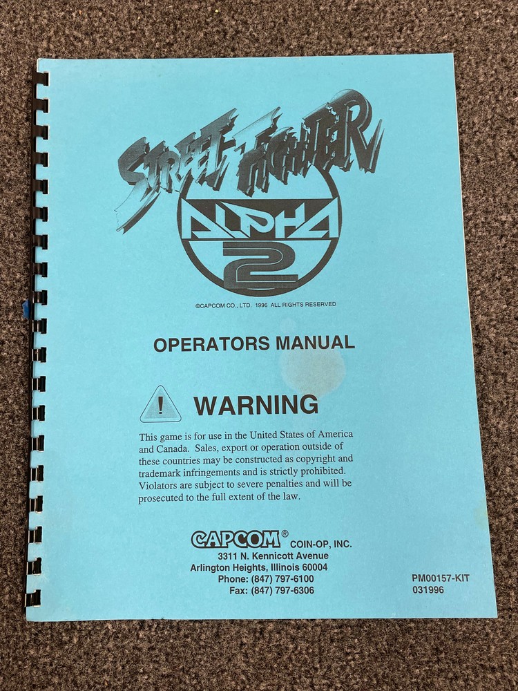 Capcom Street Fighter Alpha 2 Arcade Game Machine Operators Manual