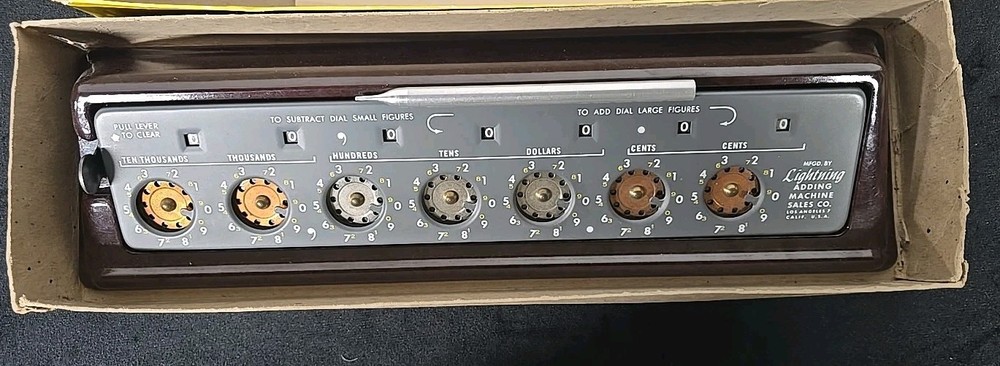 Vintage Lightning Portable Adding Machine. With Box, Tool, Machine And Stand