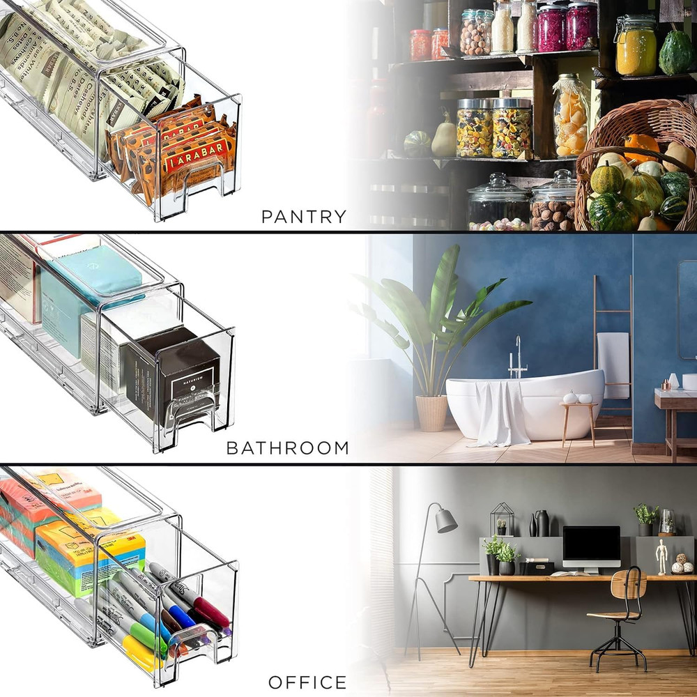 Small Clear Stackable Storage Drawers – 2-Pack Plastic Organizer Bins with Handl