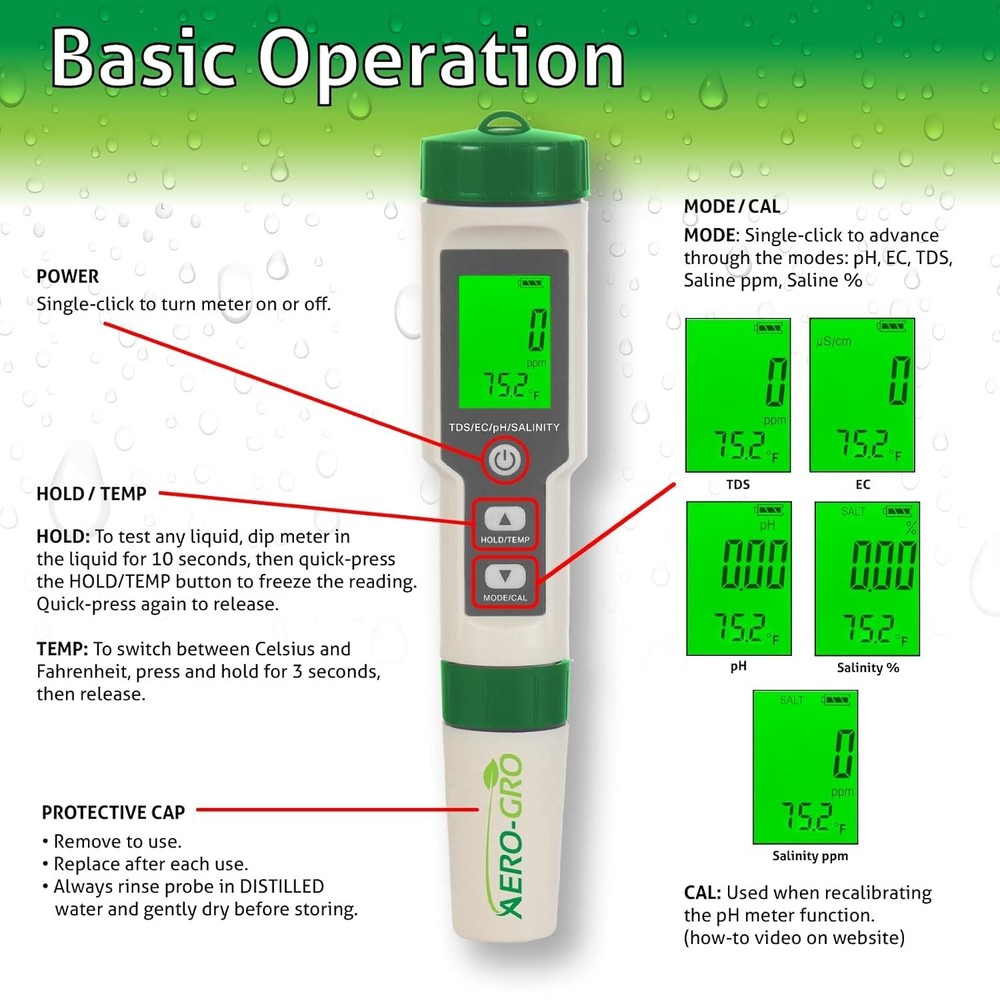 Versatile 5-in-1 Hydroponics & Aquarium Water Meter with Auto Temp Comp.