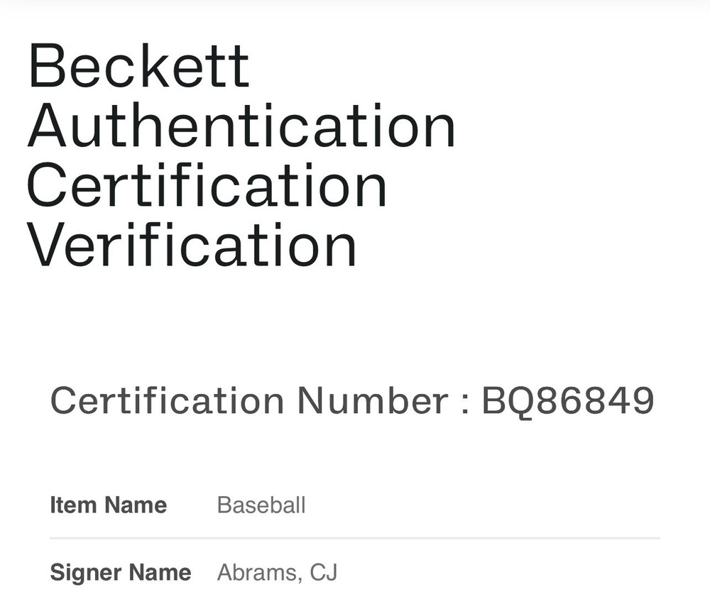 CJ ABRAMS LICENSED BECKETT AUTHENTICATED SIGNED MINT MANFRED MLB BASEBALL