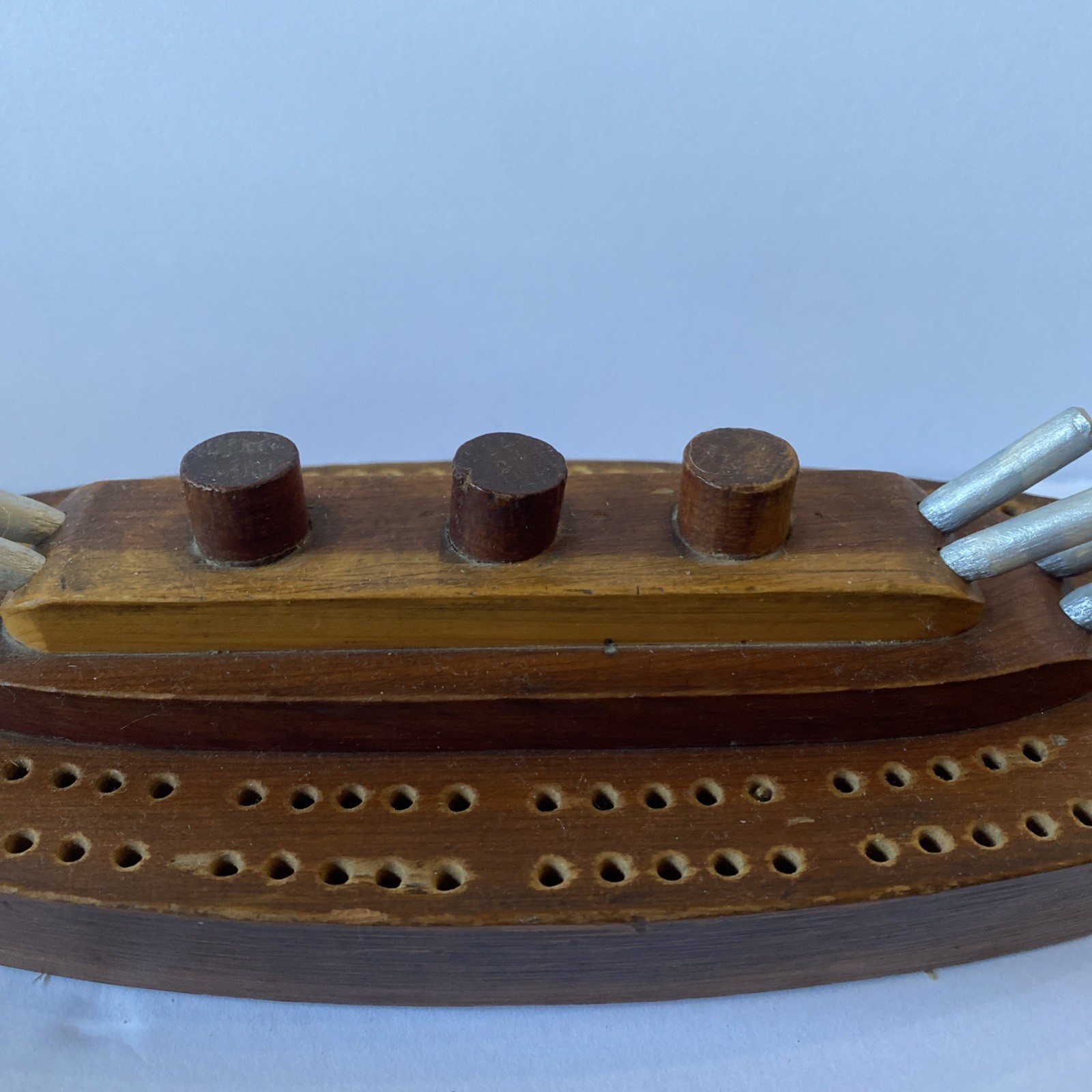 Vintage Folk Art WW2 Trench Art Battleship Cribbage Board Ship