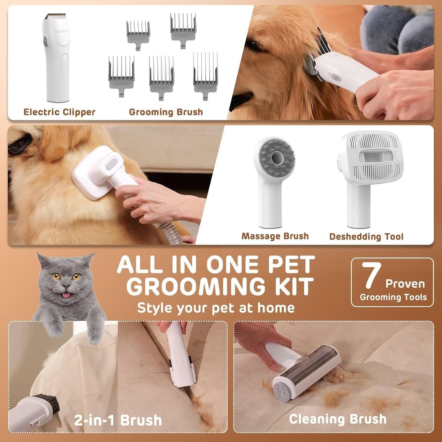 Dog Grooming Vacuum Kit – 3L Low Noise Pet Hair Vacuum w/ 7 Tools, Clipper