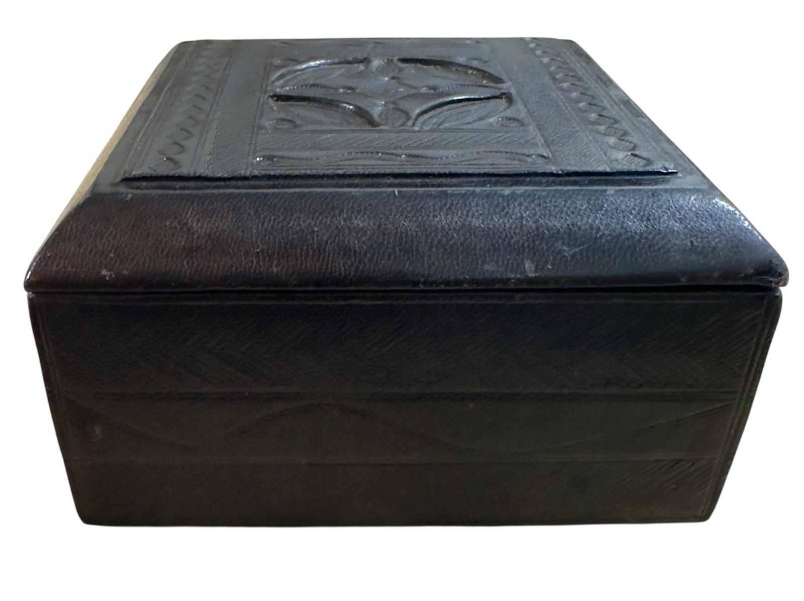 Vintage Saharan Tuareg Hand Tooled Camel Black Leather Talisman Box West Africa