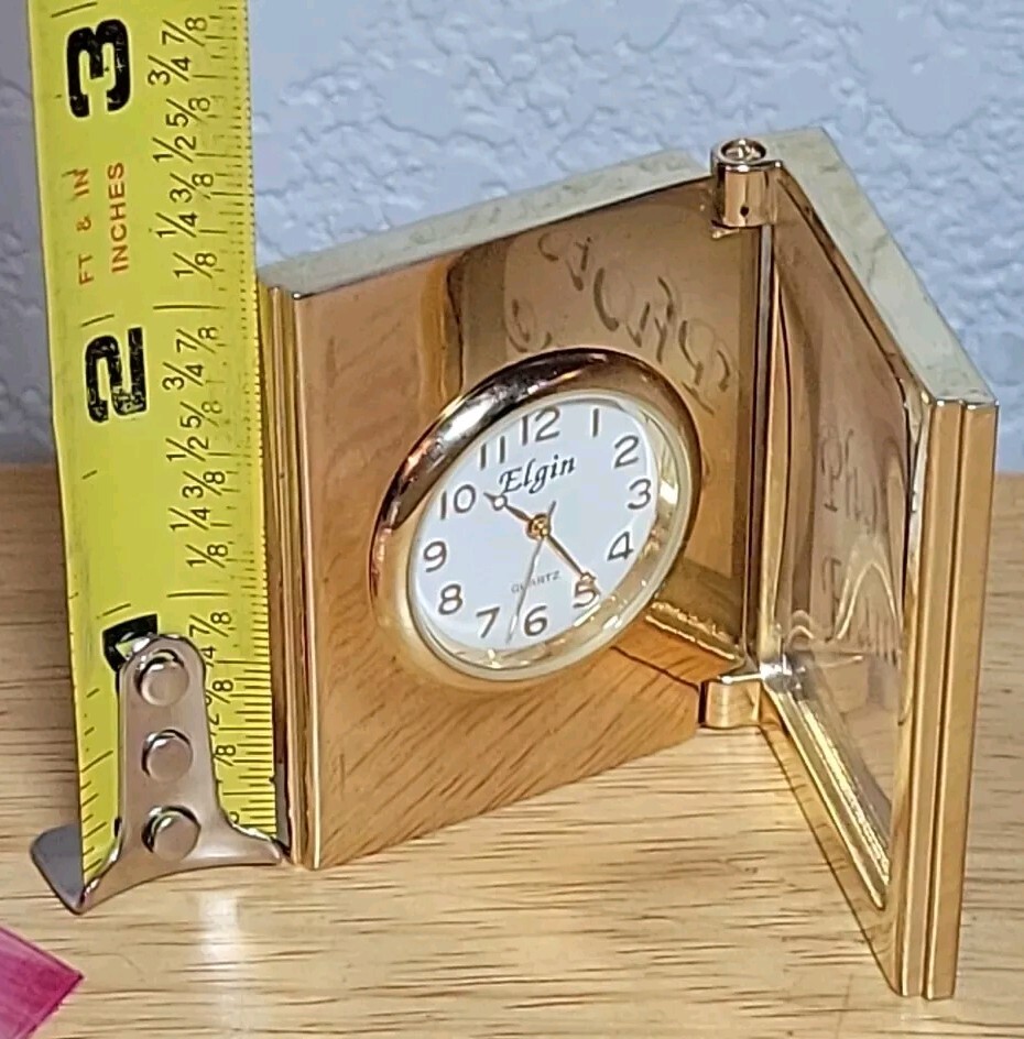 Miniature 2" Brass Picture Frame With Elgin Quartz Clock • New Battery Working