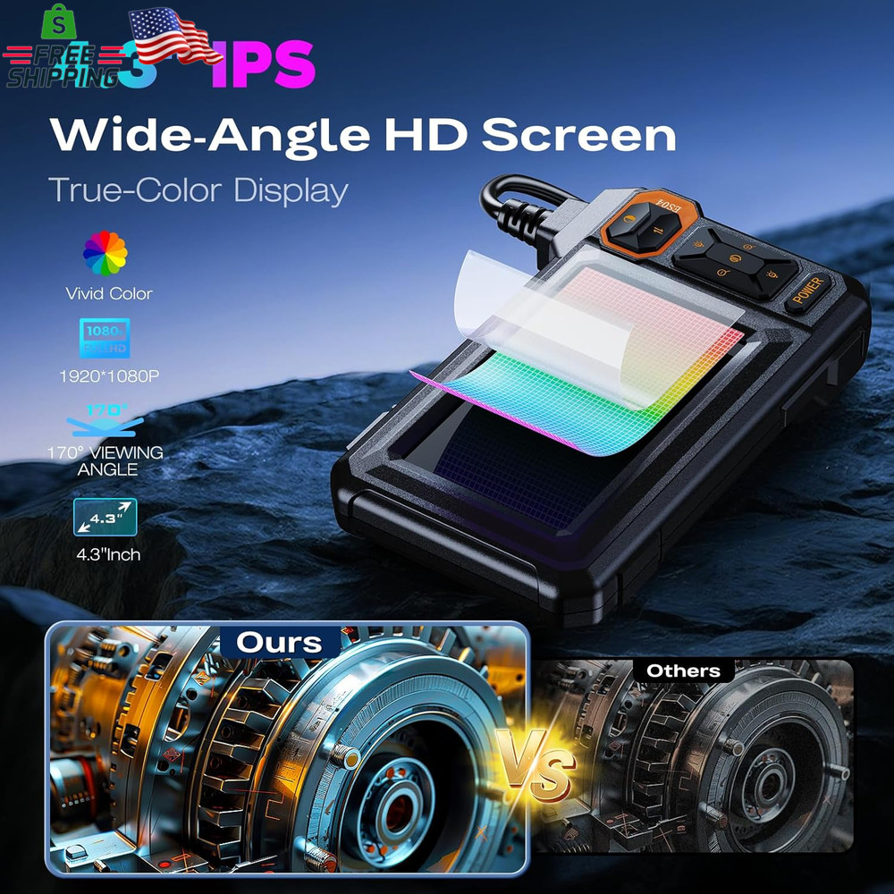 Endoscope Camera with Light, 1920P HD Borescope Inspection Camera with 4.3" IPS