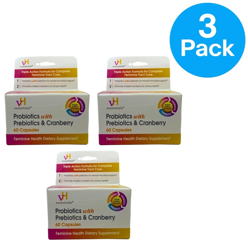 vH essentials Probiotics with Prebiotics & Cranberry 60 Capsules 3 Pack Bundle