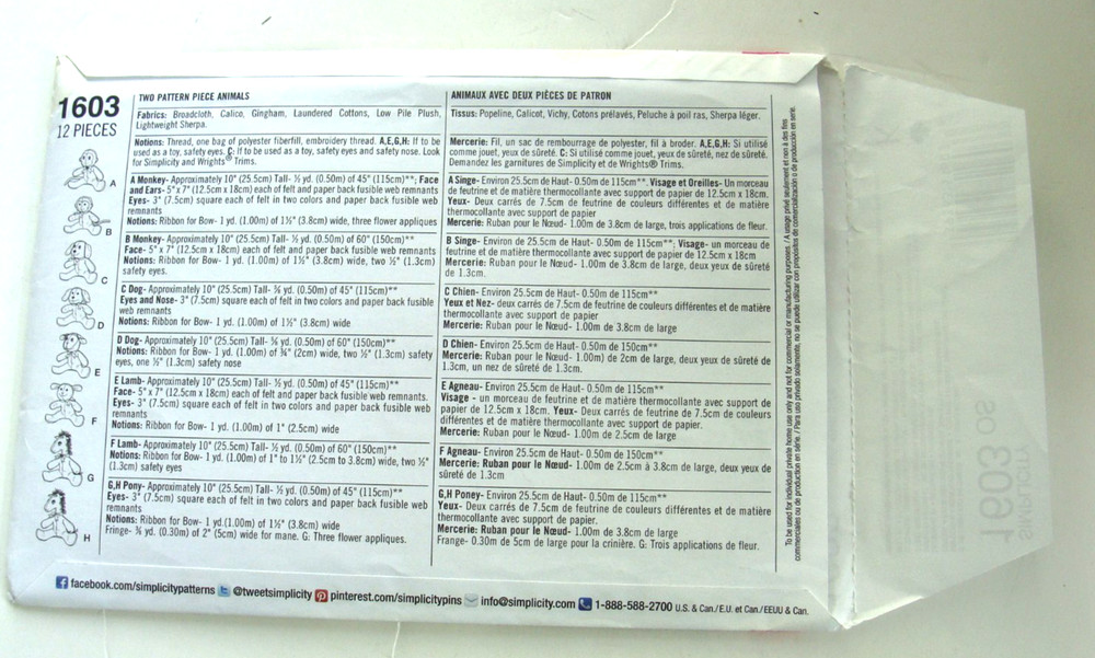 Simplicity Sewing Pattern 1603 Animals 8 Designs Monkey Puppy - PARTIALLY CUT