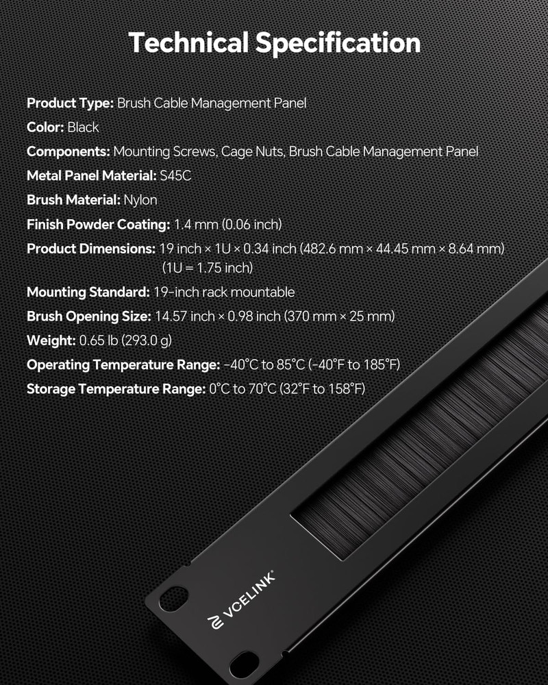 1U Metal Brush Patch Panel 2-Pack for Server Rack Cable Management