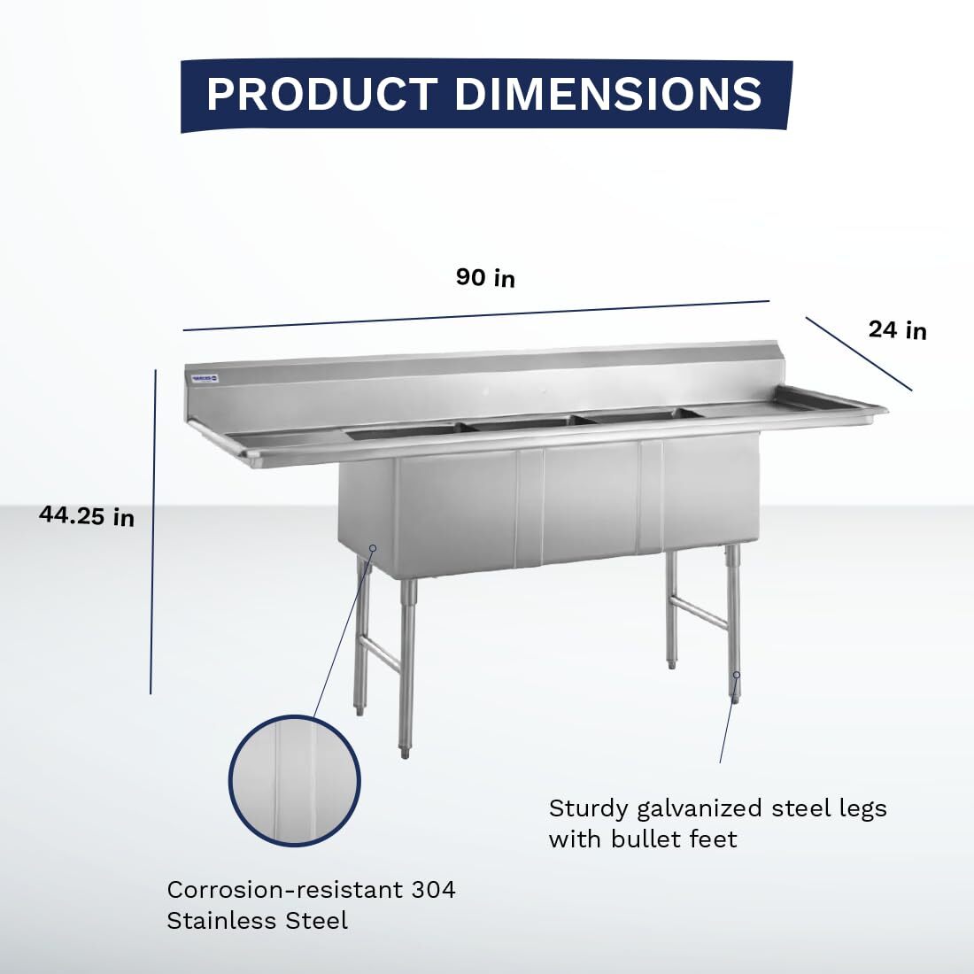 Kratos 29N-003 - Commercial NSF 3 Compartment Sink - 18"Wx18"Lx12"H Bowl Size -