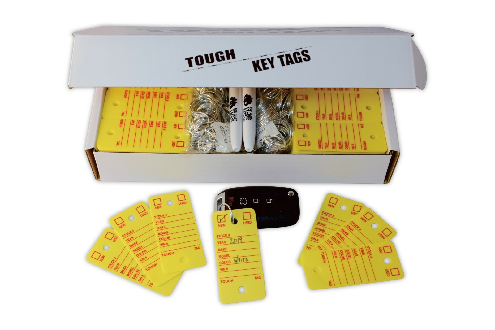 Car Dealer Key Tags, Tough Poly Rigidene Style, 500 Survivor Style Yellow Tags