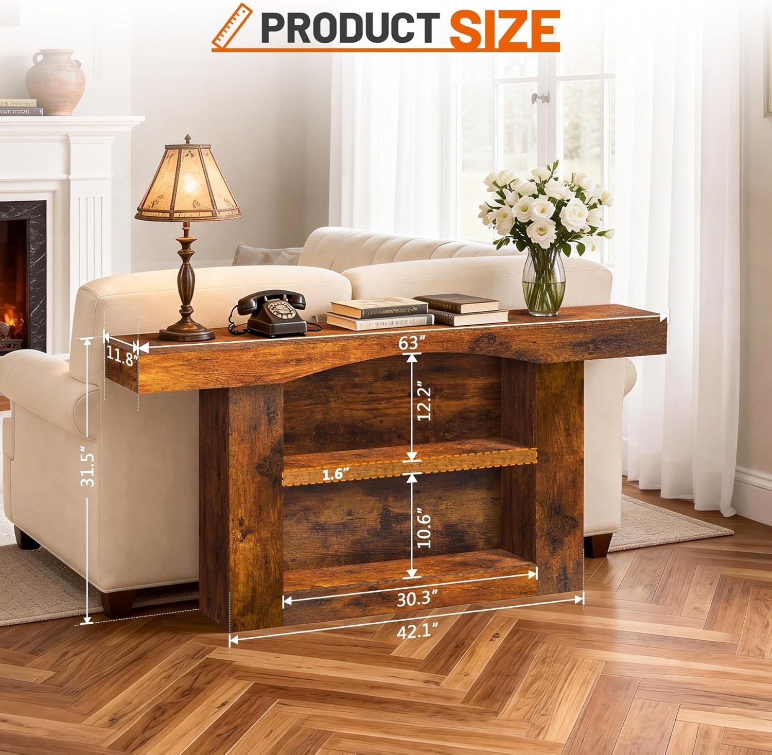 Console Table with Socket 63 Inch Entryway Table Three-Shelf Cabinet Sofa Table