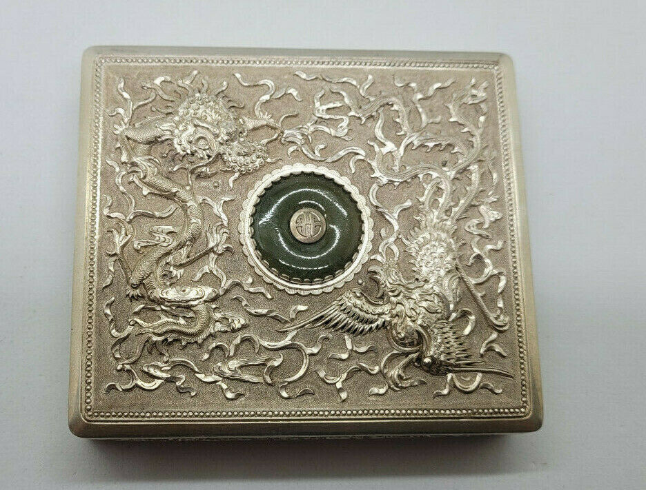 ANTIQUE BEAUTIFUL SOLID SILVER CIGARETTE CASE DRAGON & JADE SCENE 132.6 G. /B090