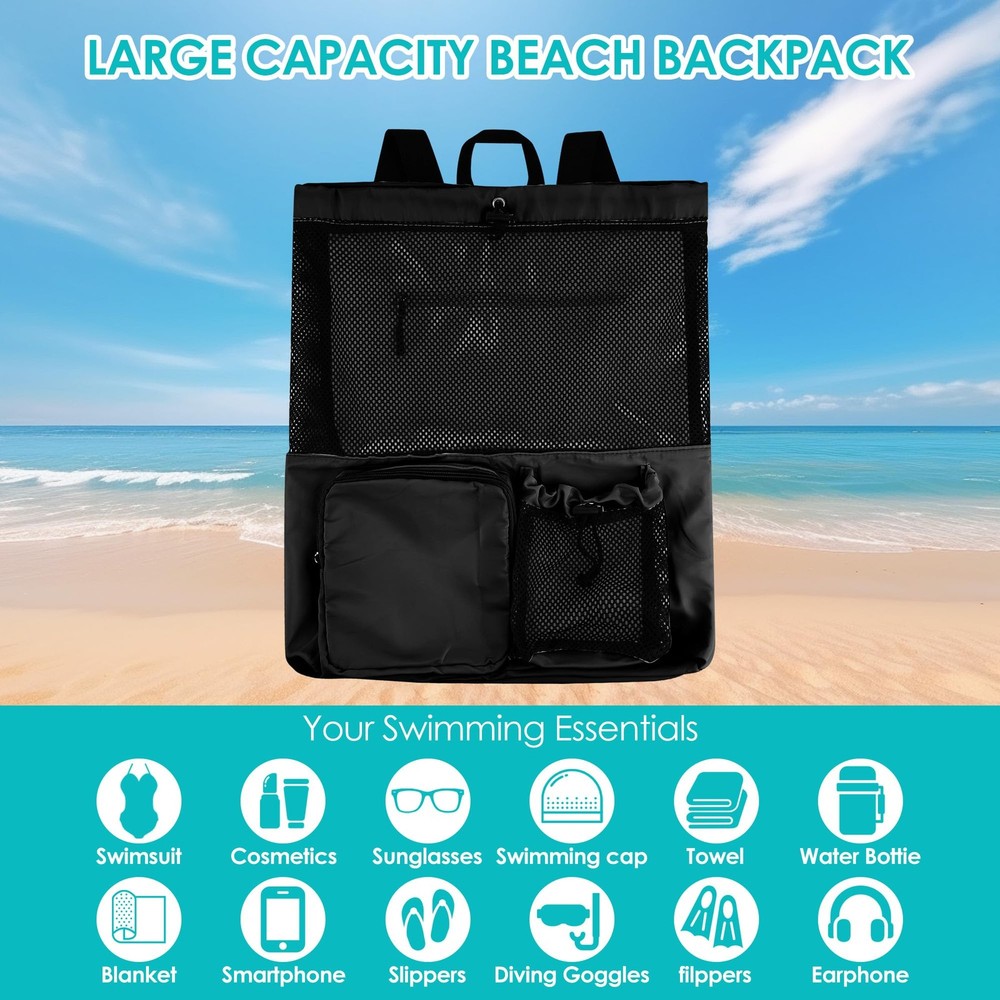 Large Capacity Mesh Swim Backpack Pocket Drawstring Waterproof Beach