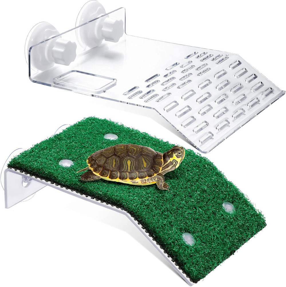 2 Pieces Turtle Basking Platform Simulation Grass Turtle Ramp Lawn Tortoise C...