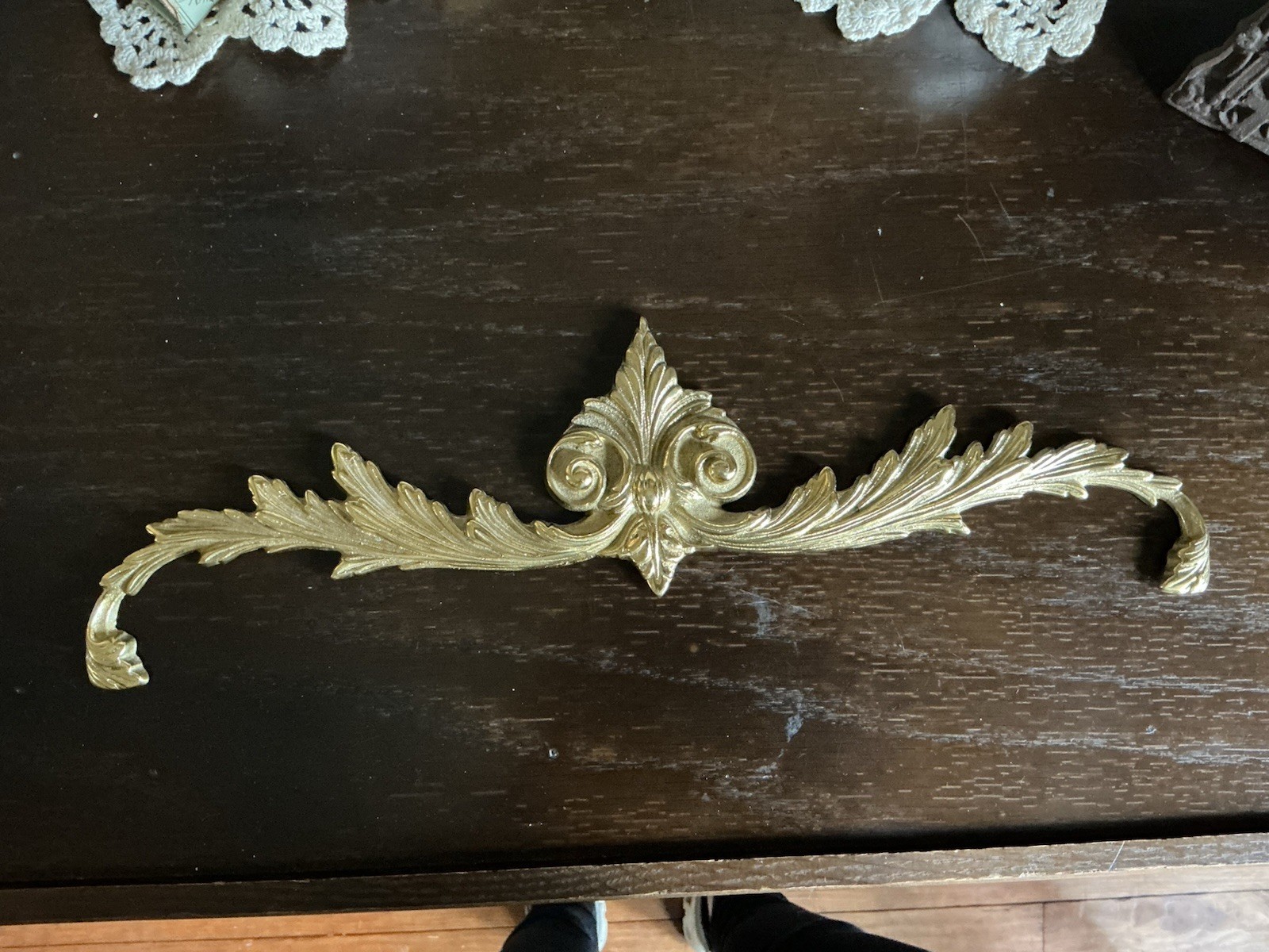 Vtg Solid Brass Wall Decor Ornate Baroque Topper 16” Long