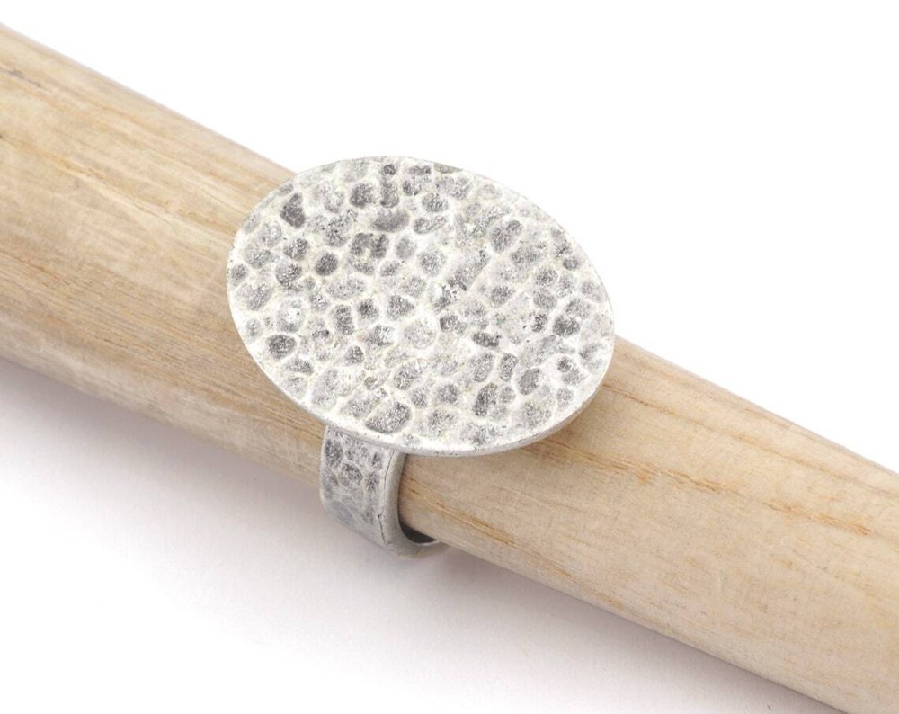 Oval Hammered Adjustable Ring Blank Bezel Base -Antique Silver Plated Brass 4936