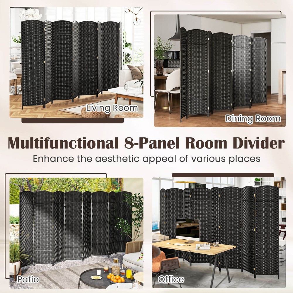 8-Panel Room Divider 6 FT Tall Folding Privacy Screen w/Solid Wood Frame
