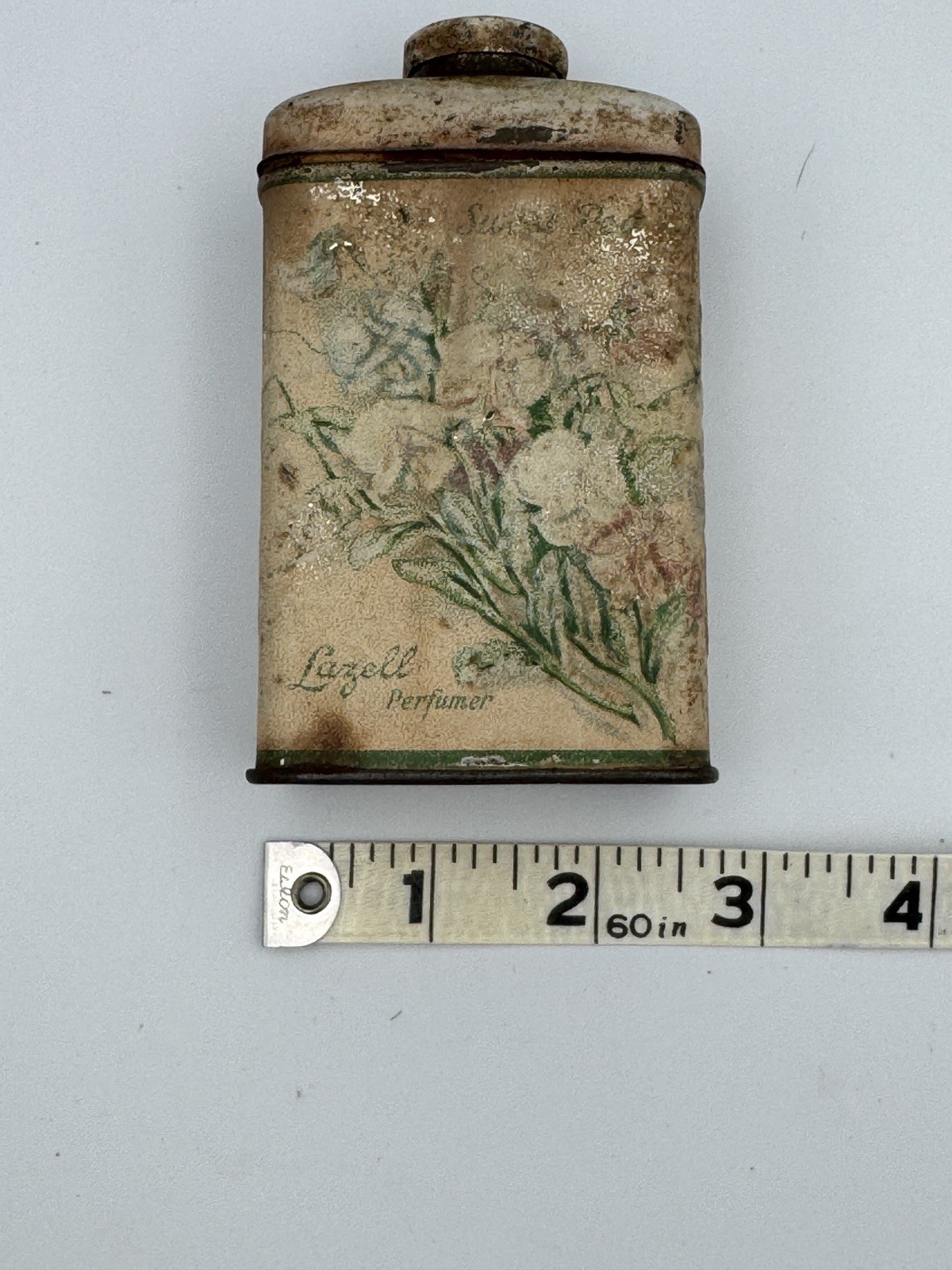 Antique Lazell Sweet Pea Talc Tin c1910 Advertising Floral Patina Cottagecore