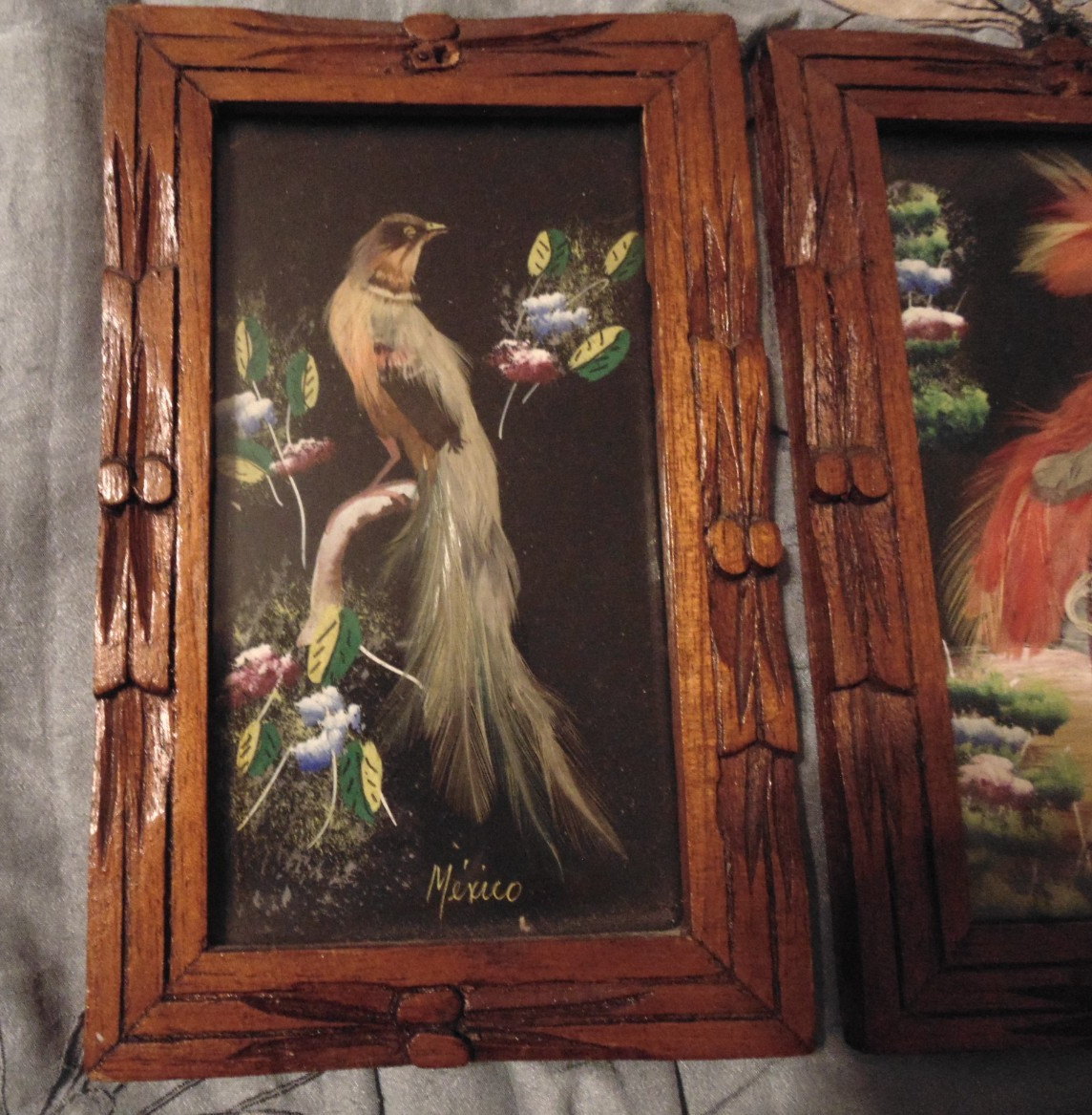 2 Vintage Mexican Feathercraft Bird Pictures Cedar Frames Real Feathers