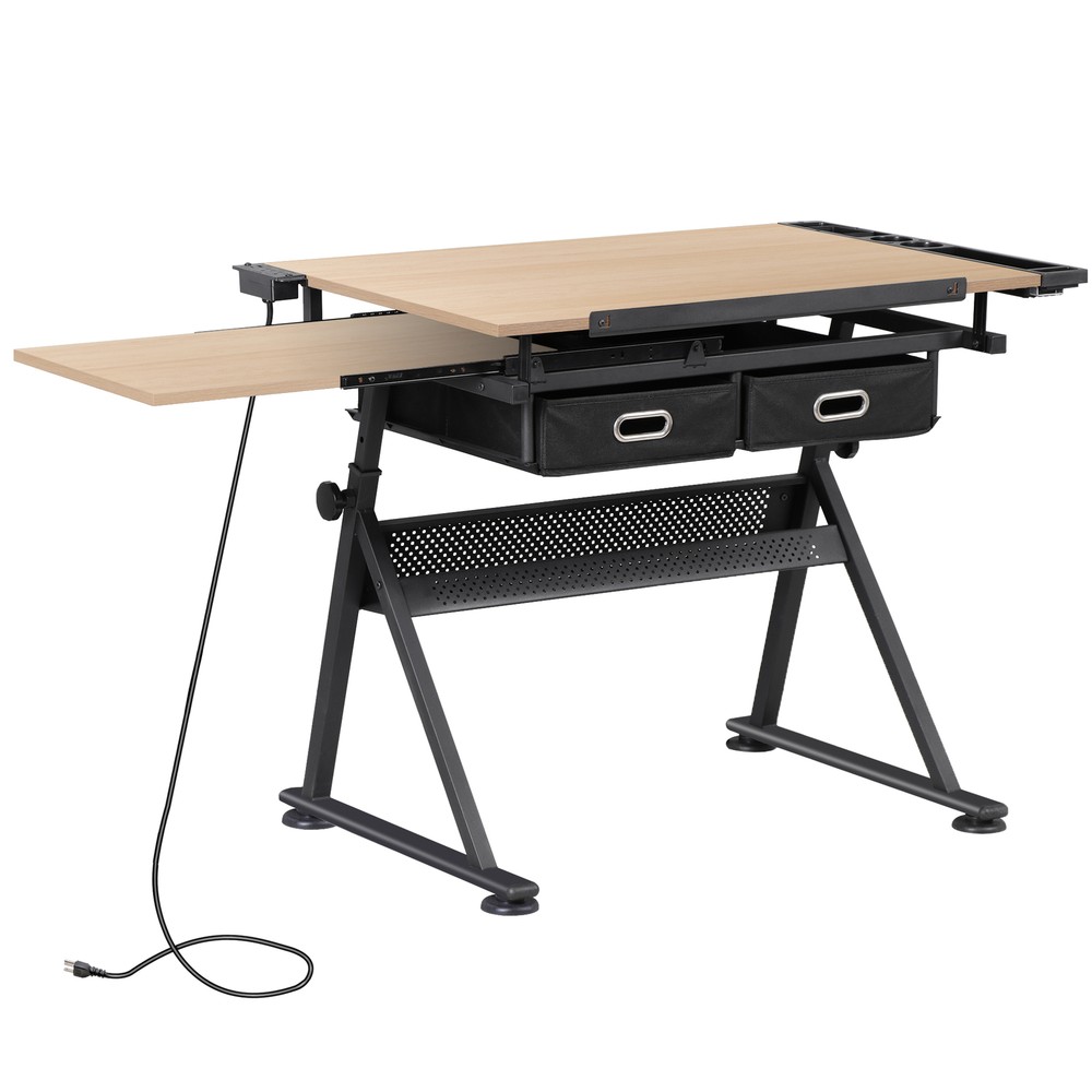 Drafting Table and Stool Set with Tilted Tabletop and Adjustable Height Natural