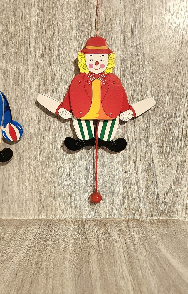 2 Vintage Pull String Jumping Jack Wooden Puppet Clowns Hand Painted