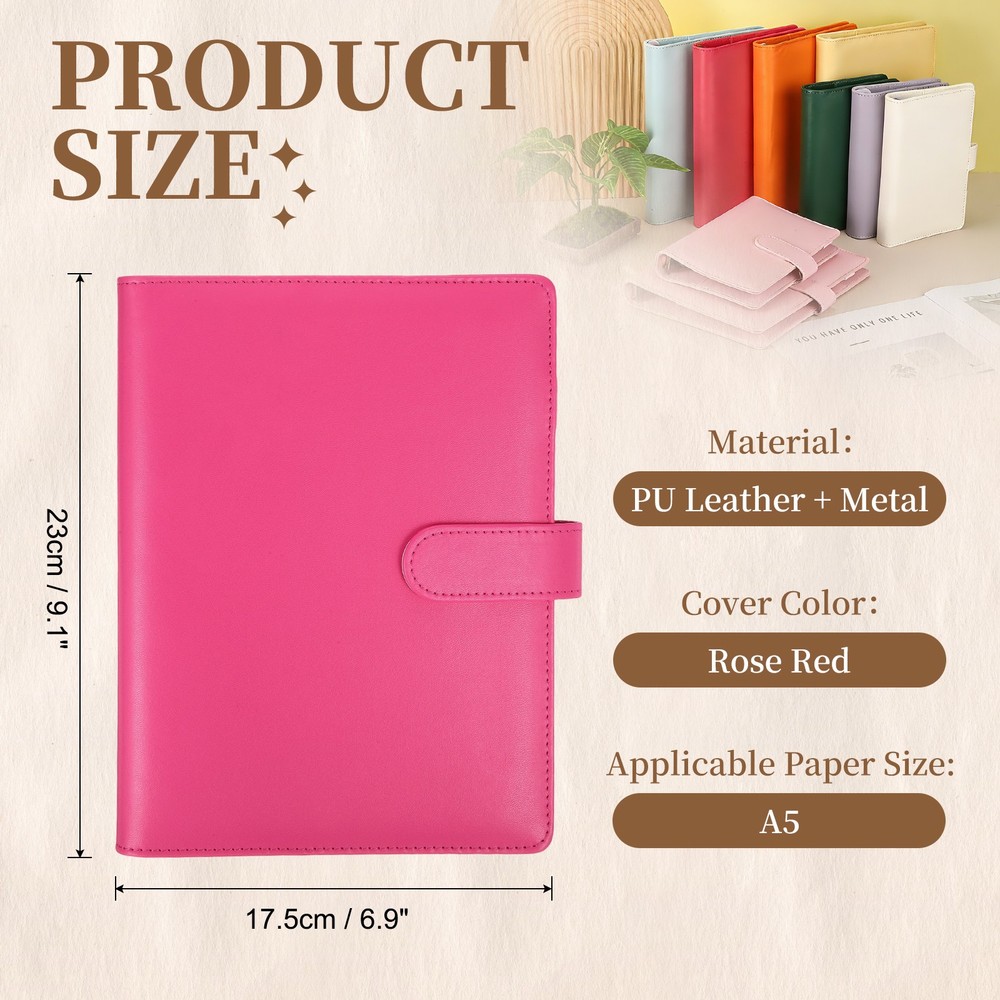 A5 PU Leather Binder Protector, 6 Ring Loose Leaf Notebook Shell, Rose Red