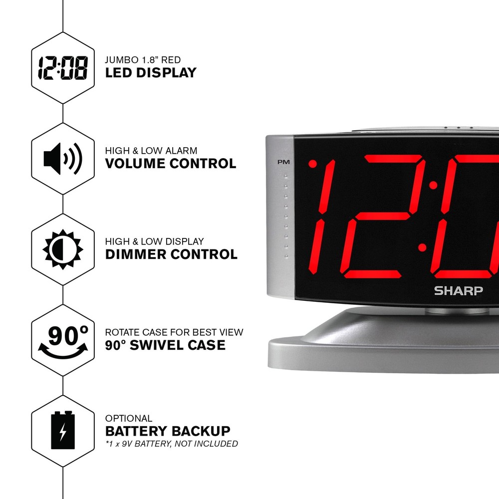 Sharp LED Digital Alarm Clock, Swivel Base, Silver Case, Red Display, SPC033D