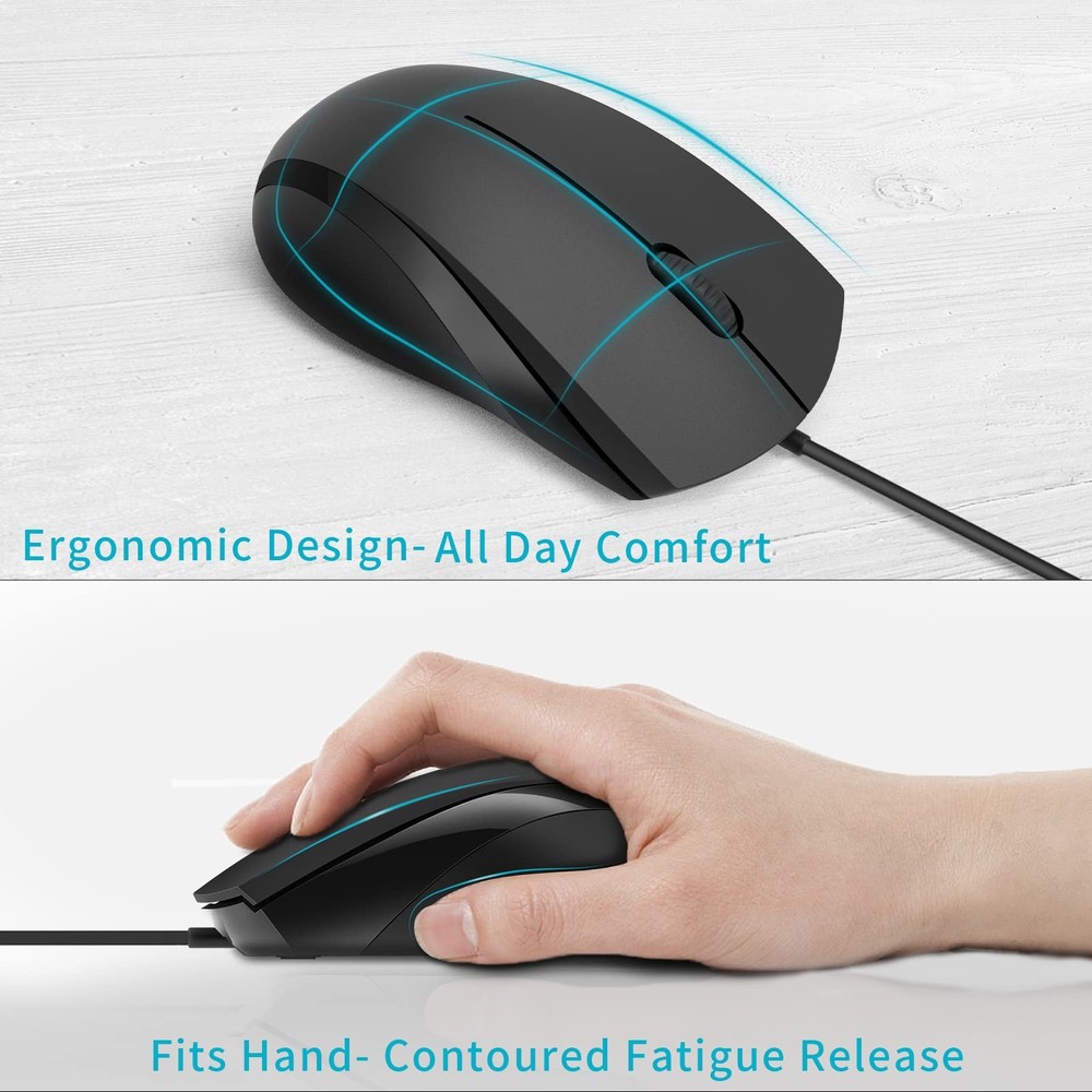 Silent Wired Mouse 1000 DPI 5ft Cord Quiet Button Optical Matte Black