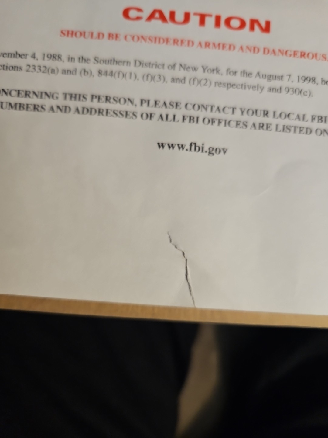 Original USAMA BIN LADEN FBI wanted Poster 3-29-99