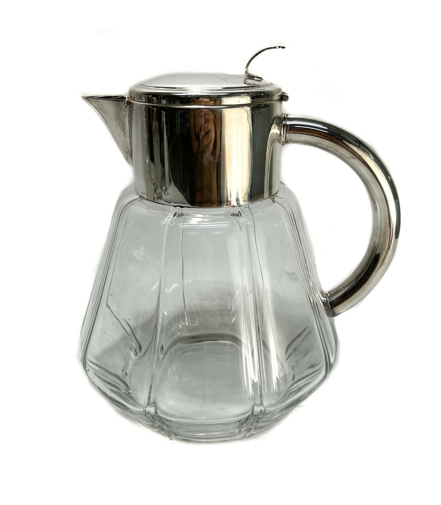 Large Silverplate and Cut Glass Water Pitcher with Strainer