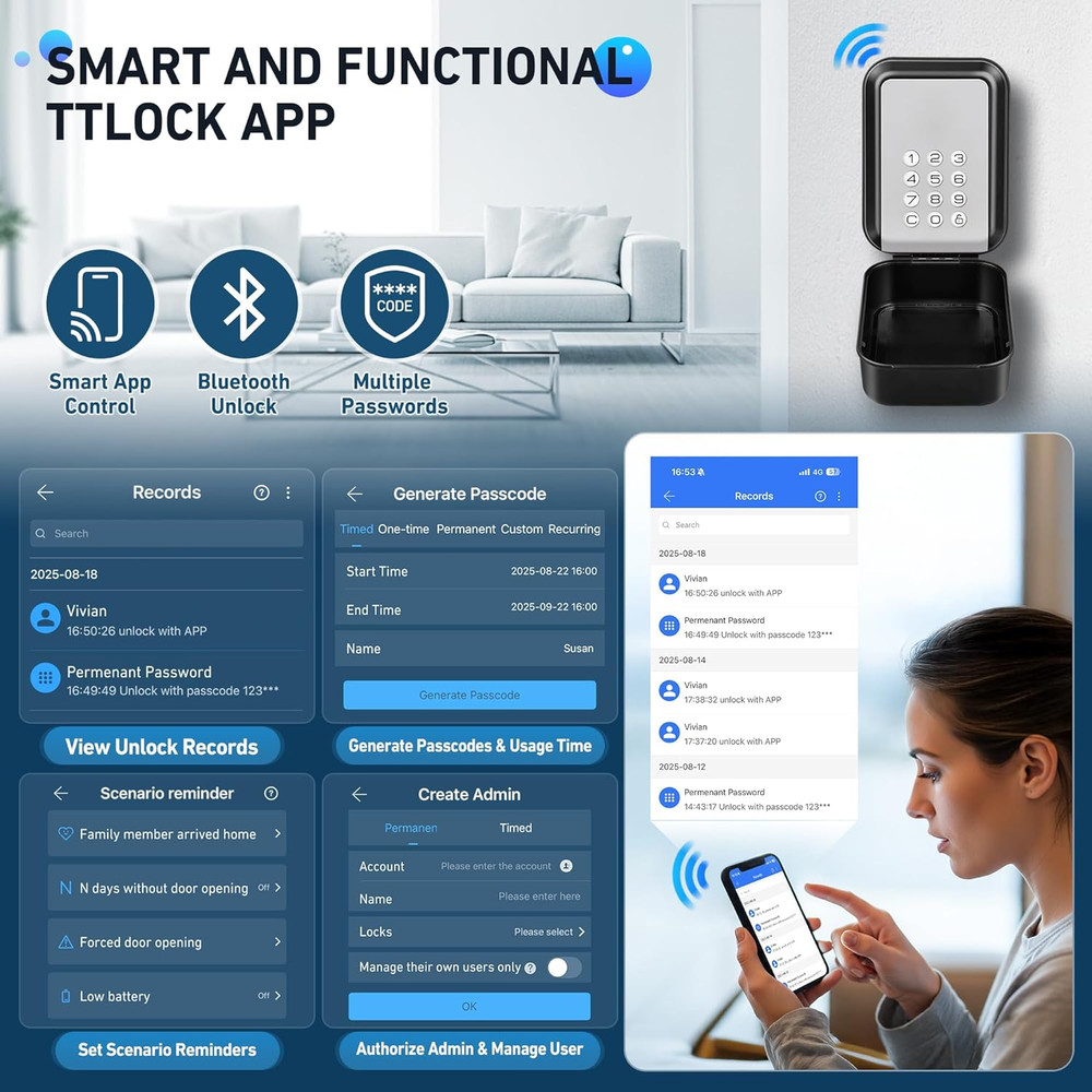 HUANLANG Smart Key Lock Box - Bluetooth Electronic Lock Box for Keys, Wall Mount