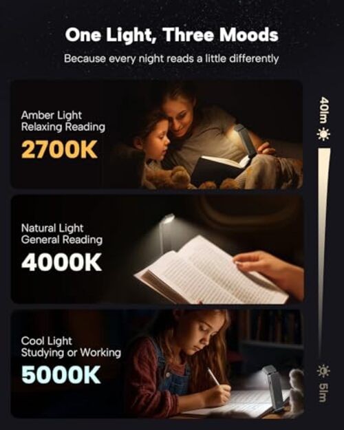 Book Light, Rechargeable Clip-On LED Reading Light for Bed & Night Use - Gray