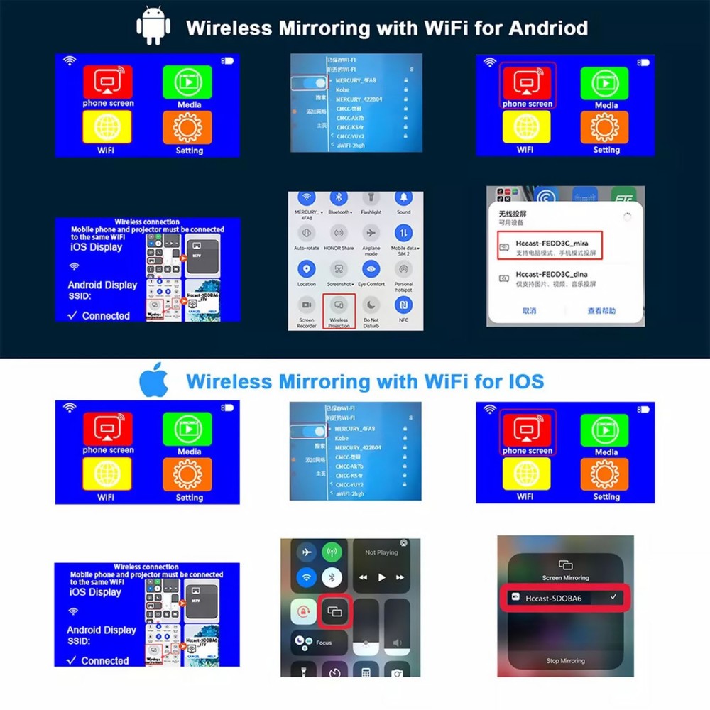 Mini Wireless Projector 1080P HD 16:9 Projection Multi-devices Compatibility