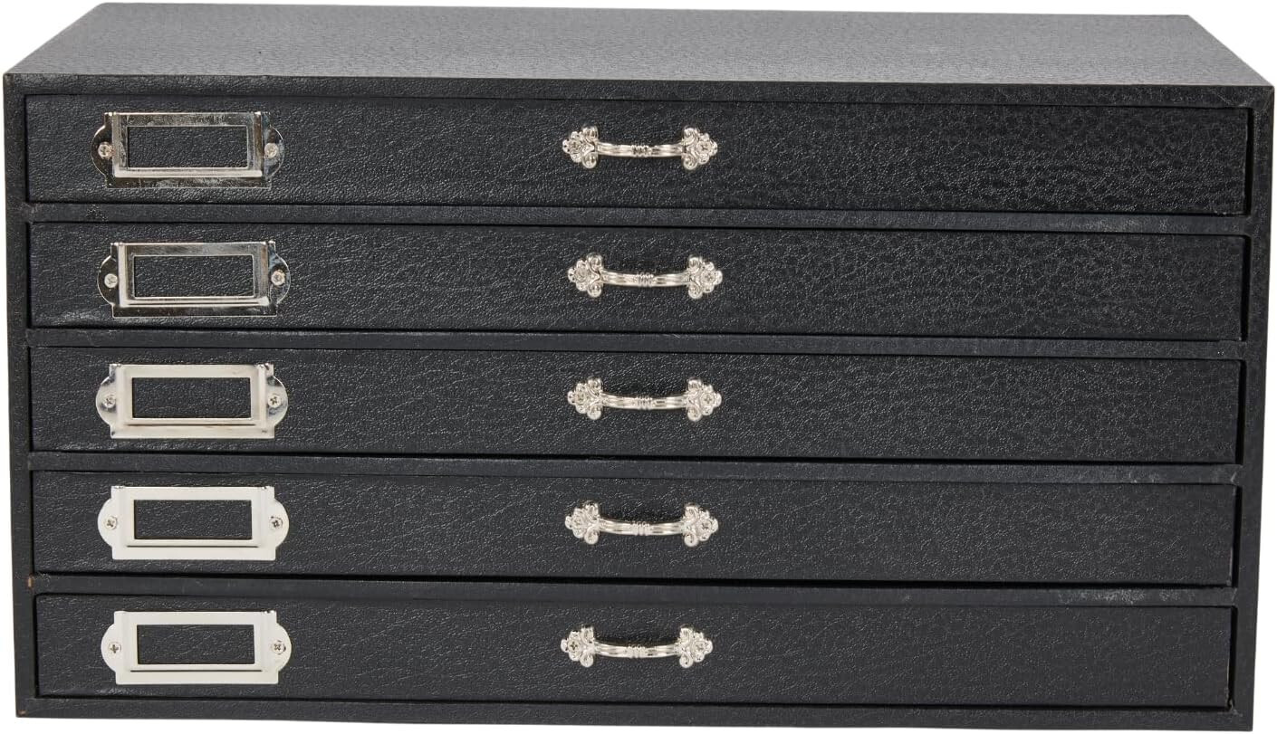 Jewelry Storage Organizer Case Cabinet 5 Drawer Black Faux Leather 15" x 8"