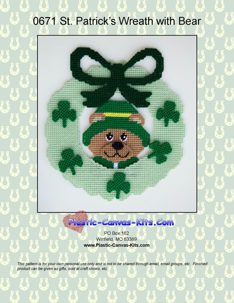 St. Patrick's Day Wreath with Leprechaun Bear- Plastic Canvas Pattern or Kit