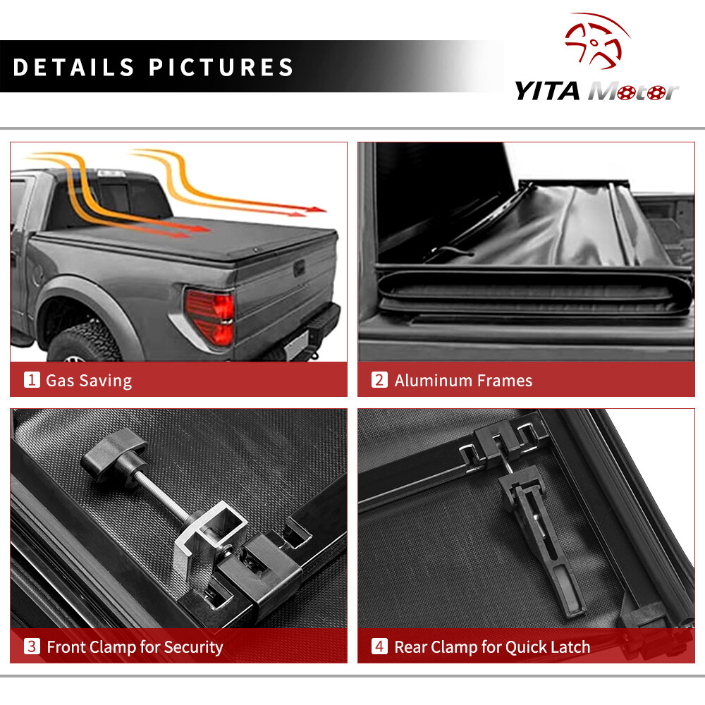 5.7ft 68" Bed Soft Tri-fold Tonneau Cover for 09-24 Dodge Ram 1500 Truck w/ Lamp