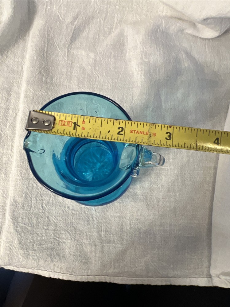 Handblown Mini Pitcher Blue With Clear Applied Handle 3.5”