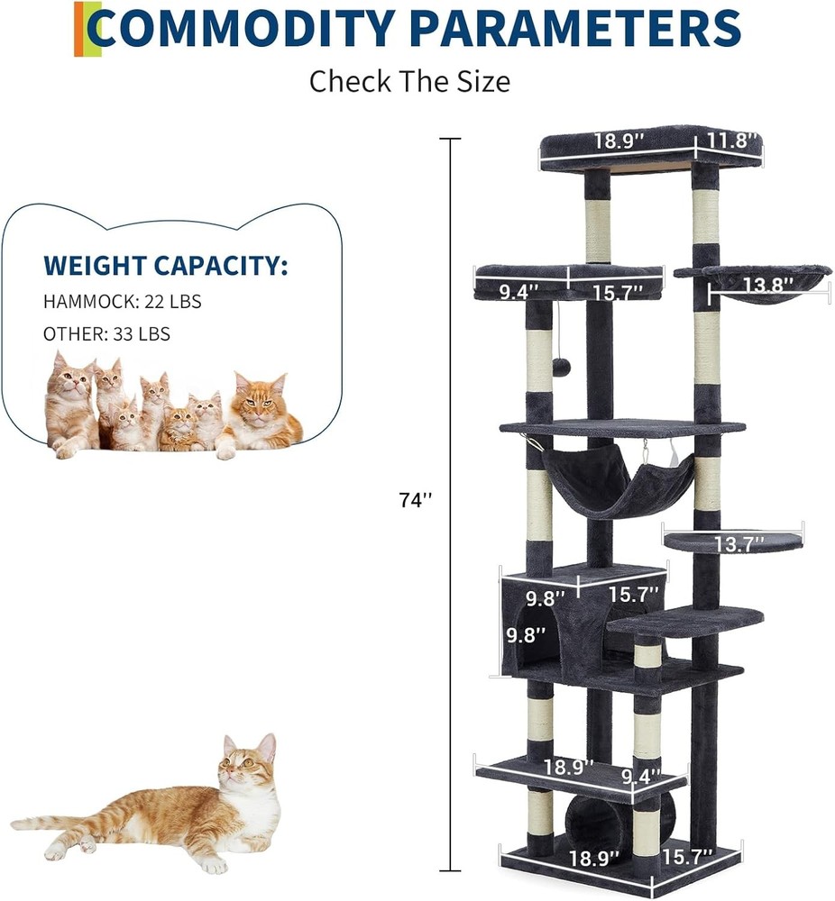 Multi-Level Cat Tree Tower for Indoor Cats,Sturdy Condo with 11 Scratching Posts