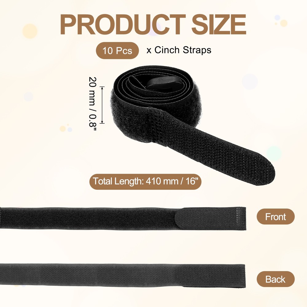 10pcs Reusable Cinch Straps 0.8"x16" Hook and Loop Cable Securing Straps, Black