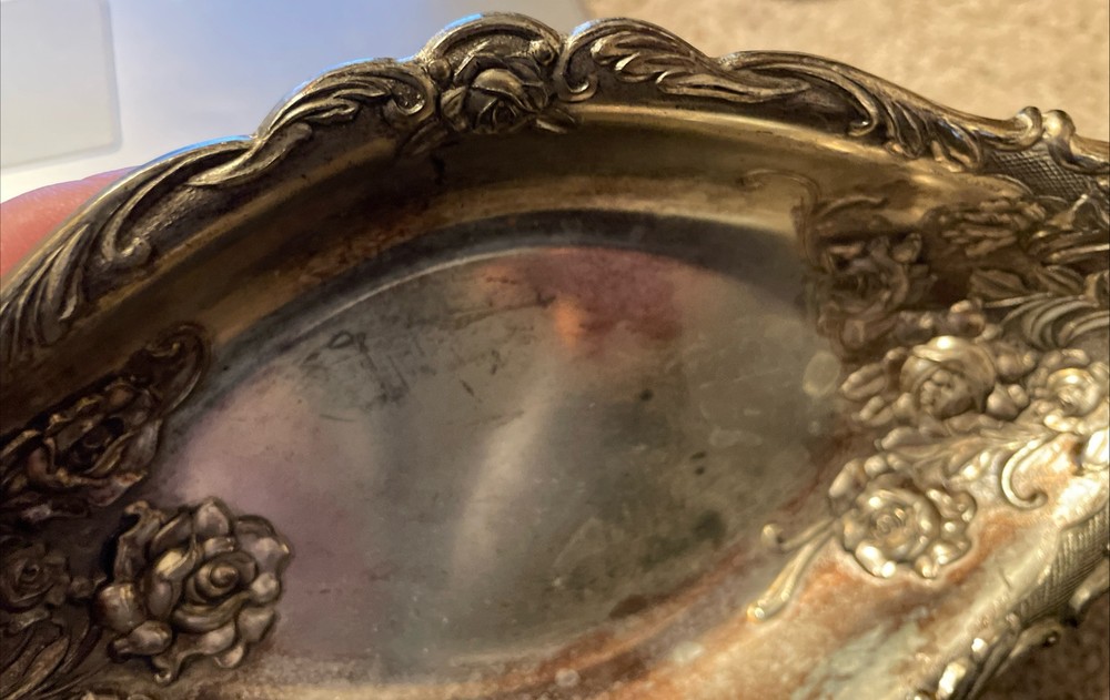 Vintage Silver Plate Roses Dish Shabby Worn Silverplate Tray