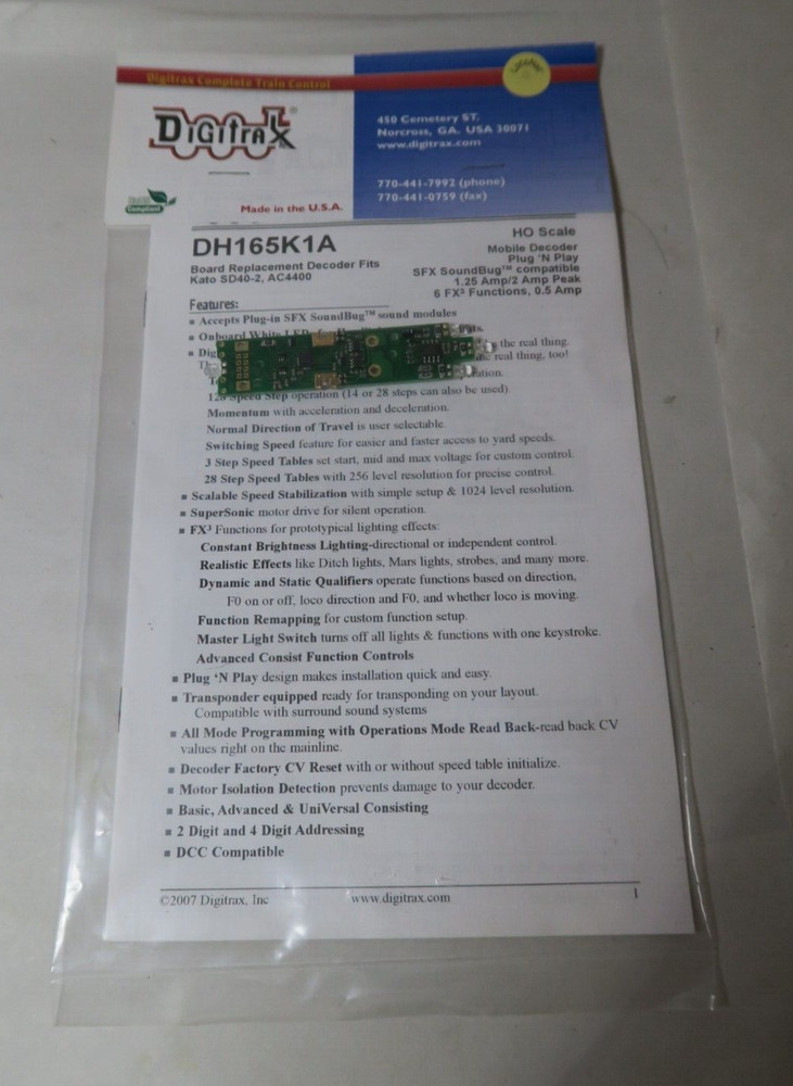 DIGITRAX DH165K1A HO SCALE MOBILE DECODER CIRCUIT BOARD REPLACEMENT