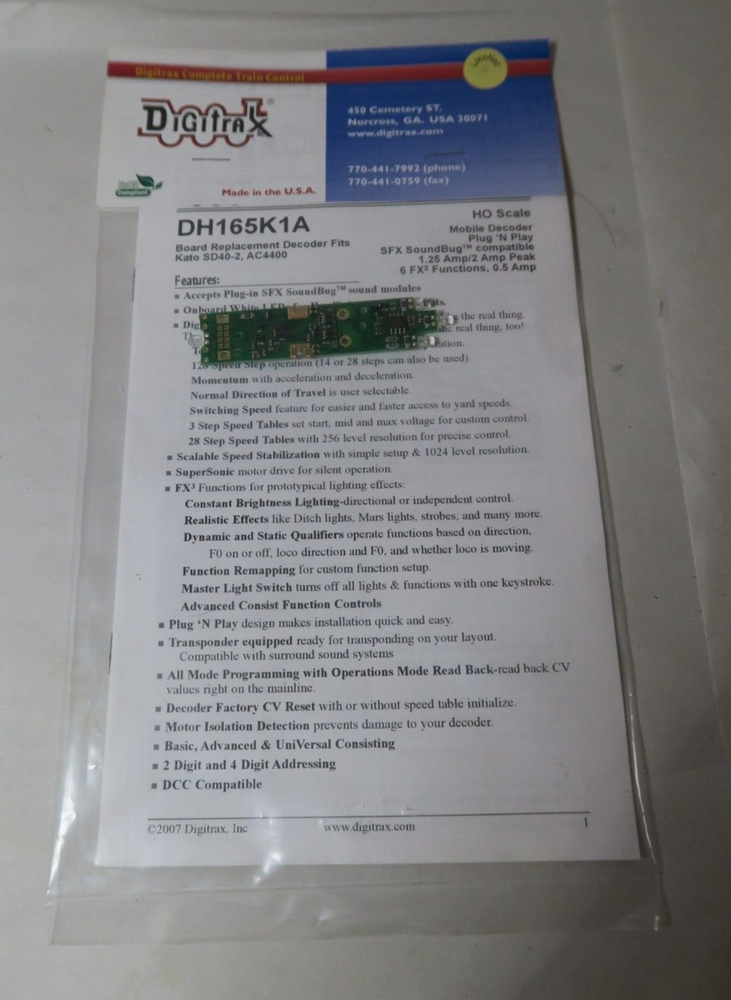 DIGITRAX DH165K1A HO SCALE MOBILE DECODER CIRCUIT BOARD REPLACEMENT