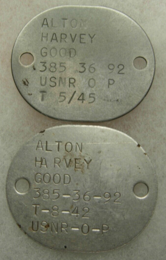 WW2 US Navy Dog Tag Pair - Alton Harvey Good 385 36 92 T-45 XB