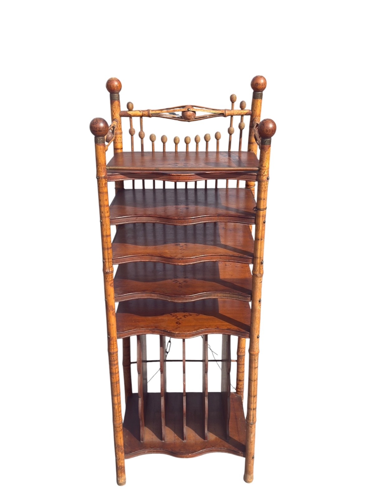 antique victorian stick and ball eastlake bamboo bookshelf magazine rack 1890