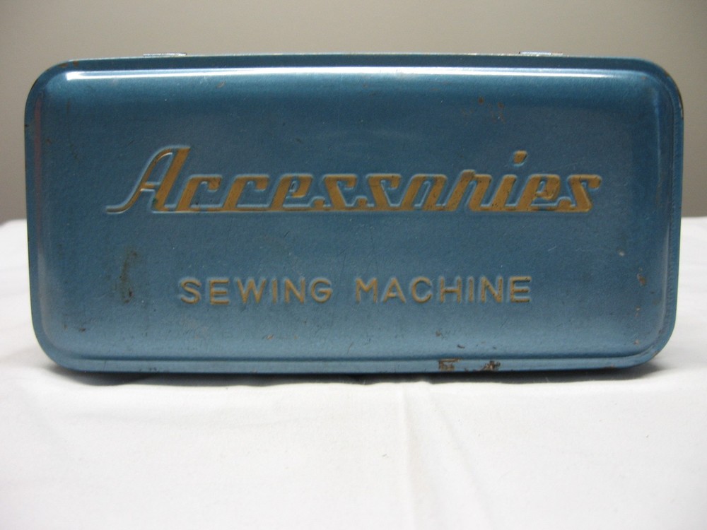Vintage Empty Sewing Machine Accessories Tin Hinged Lid Box Blue