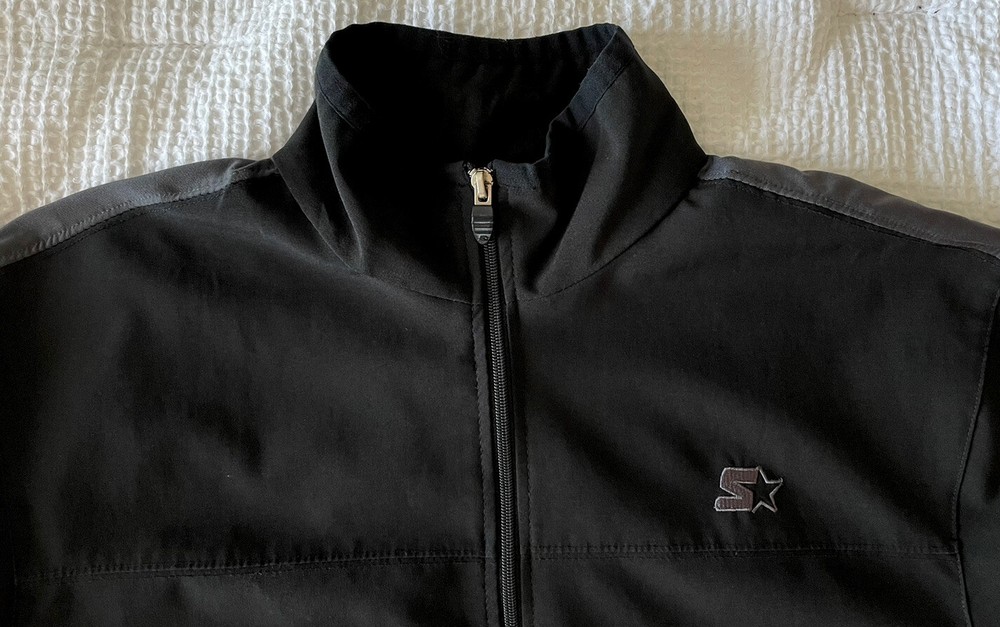 STARTER Mens Medium Large Track Jacket Full Zip Black Gray EUC