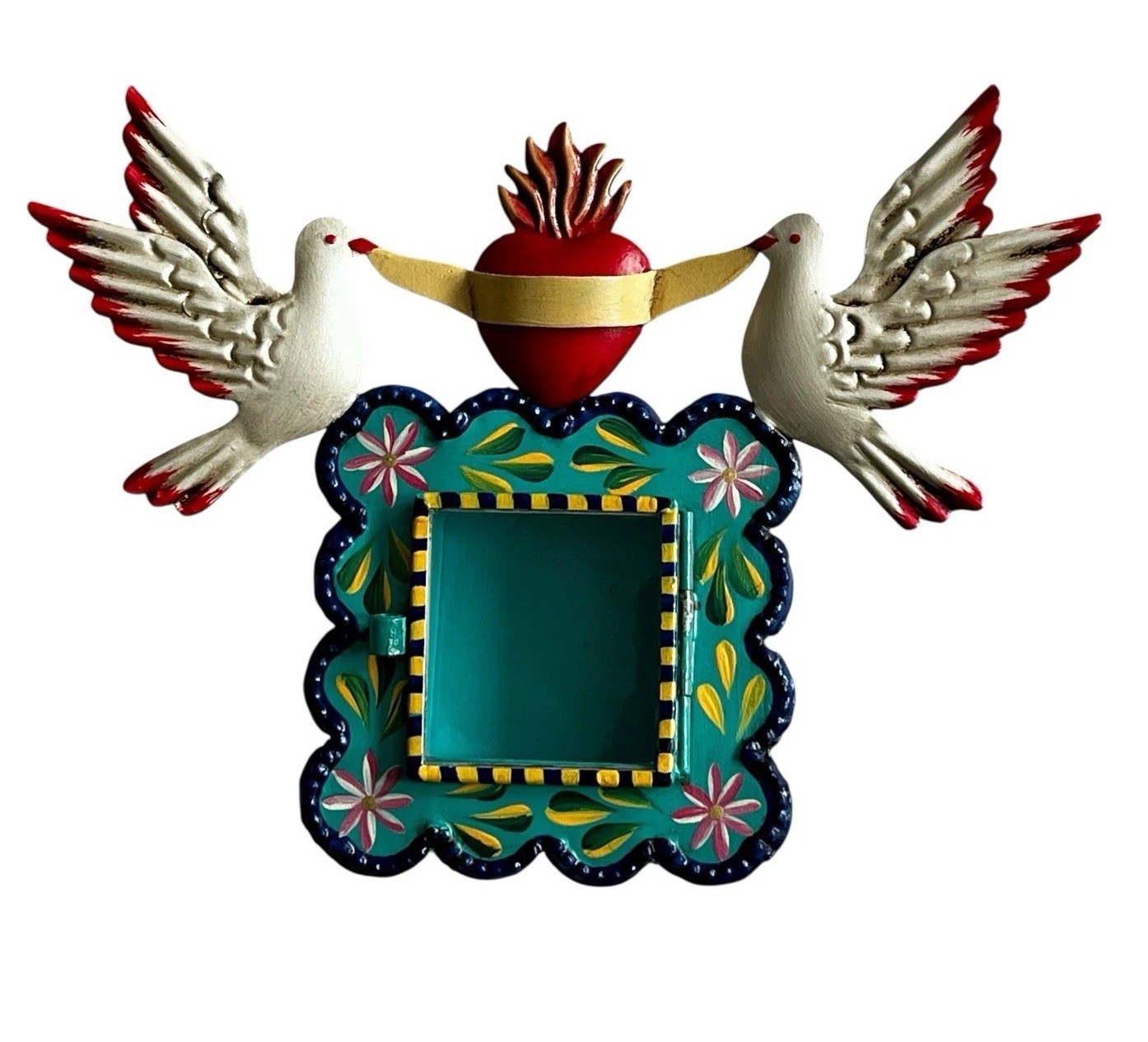 Painted SACRED HEART Frame with Doves, Mexican Tin Heart Nicho, Shadowbox Green