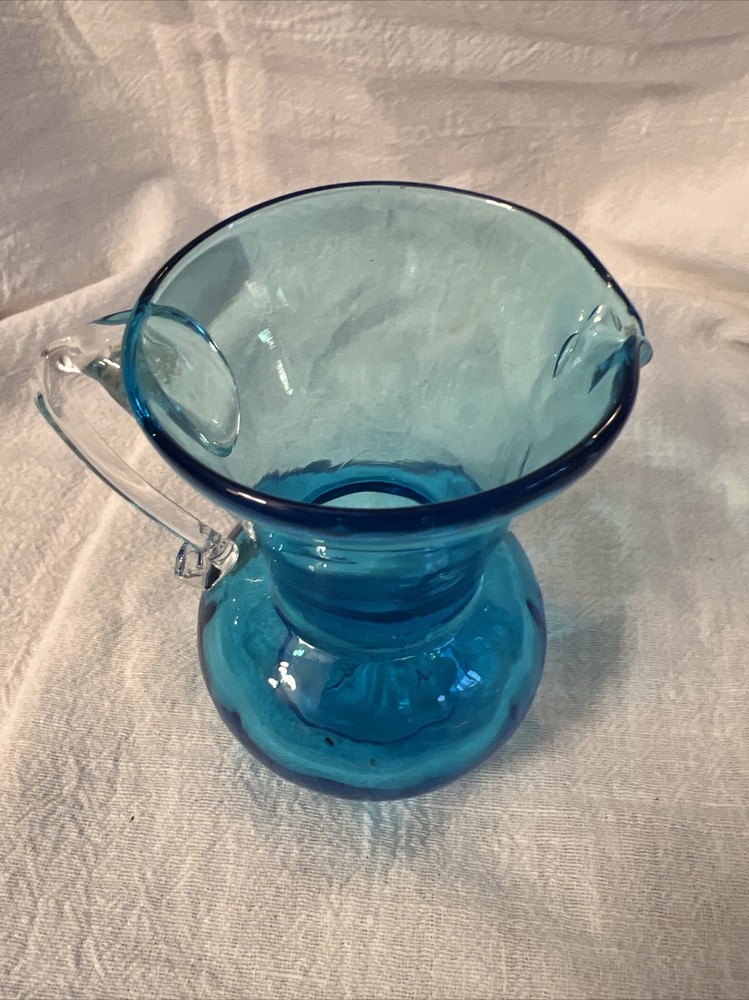 Handblown Mini Pitcher Blue With Clear Applied Handle 3.5”
